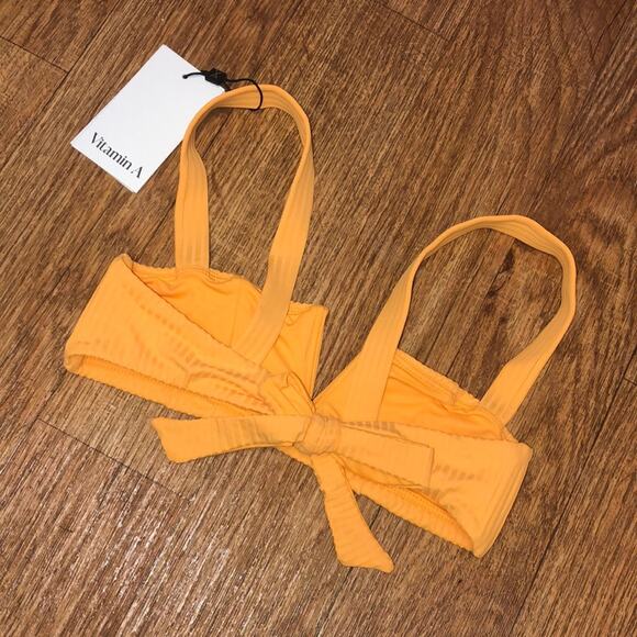 Vitamin A Kaya Adjustable Tie Back Bikini Swim Top in Orange Yellow Size Small/6 - Picture 7 of 10